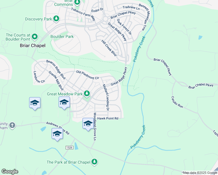 map of restaurants, bars, coffee shops, grocery stores, and more near 1983 Great Ridge Parkway in Chapel Hill