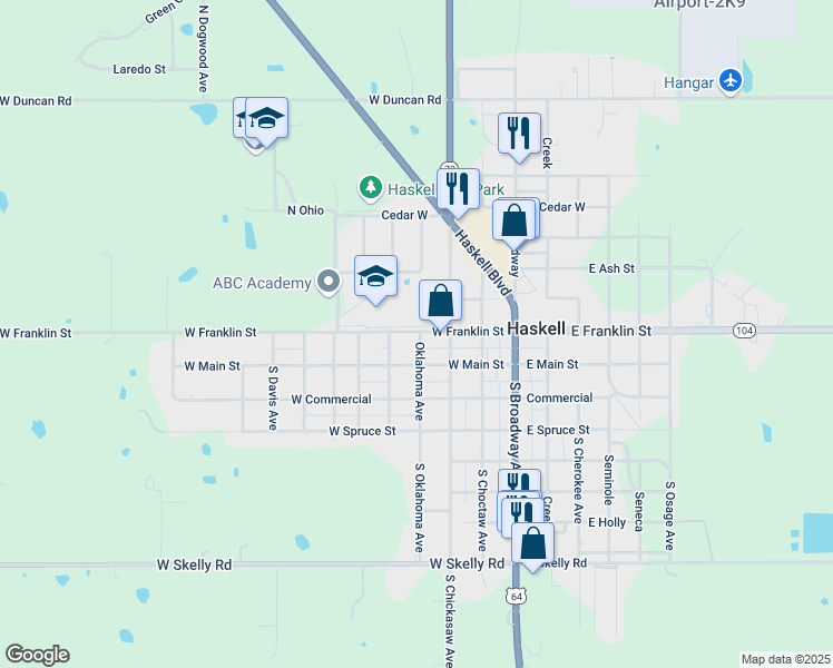 map of restaurants, bars, coffee shops, grocery stores, and more near 109 Oklahoma Avenue in Haskell