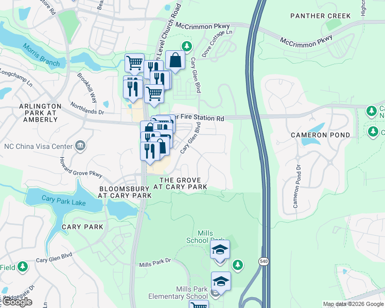 map of restaurants, bars, coffee shops, grocery stores, and more near 1815 Cary Reserve Drive in Cary