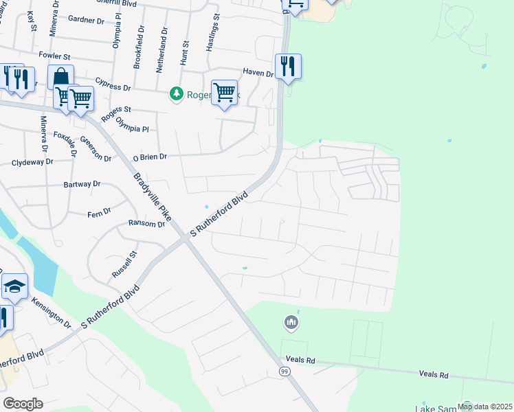 map of restaurants, bars, coffee shops, grocery stores, and more near 2310 Lismore Drive in Murfreesboro