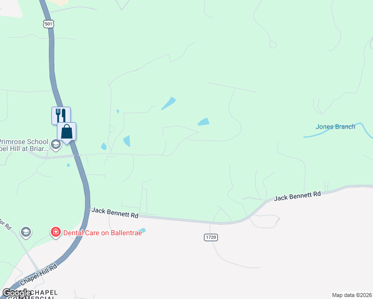 map of restaurants, bars, coffee shops, grocery stores, and more near 40 McGregor Woods Road in Chapel Hill