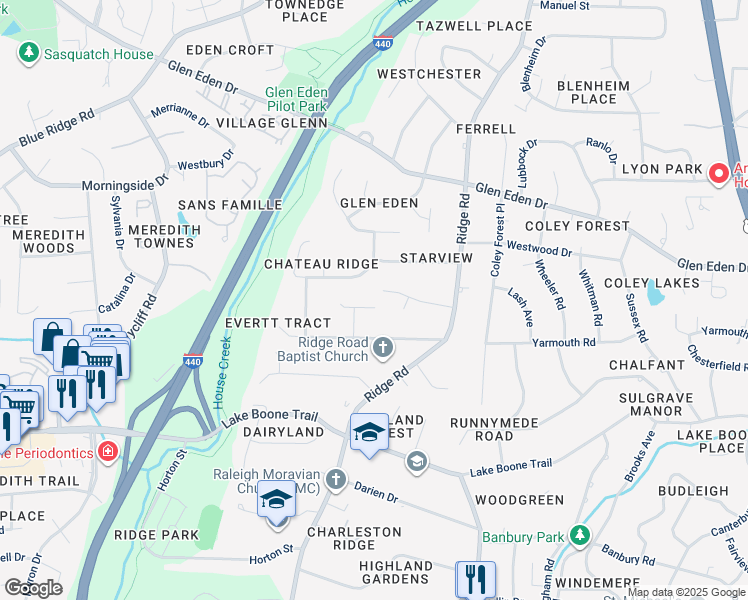 map of restaurants, bars, coffee shops, grocery stores, and more near 3303 Boulder Court in Raleigh