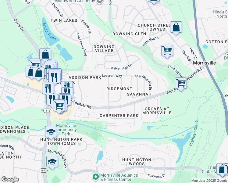 map of restaurants, bars, coffee shops, grocery stores, and more near 105 Hewitt Court in Morrisville