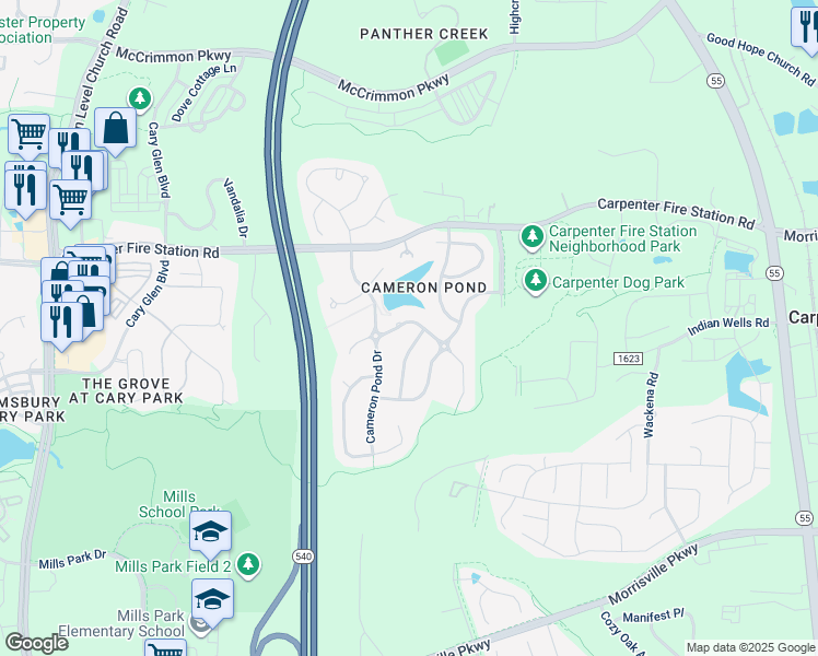 map of restaurants, bars, coffee shops, grocery stores, and more near 213 Beacon Falls Court in Cary