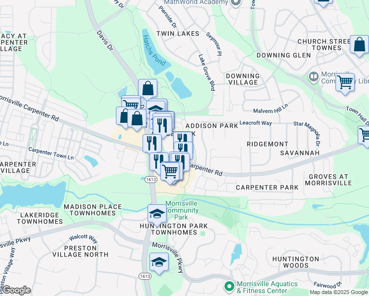 map of restaurants, bars, coffee shops, grocery stores, and more near 1556 Alemany Street in Morrisville