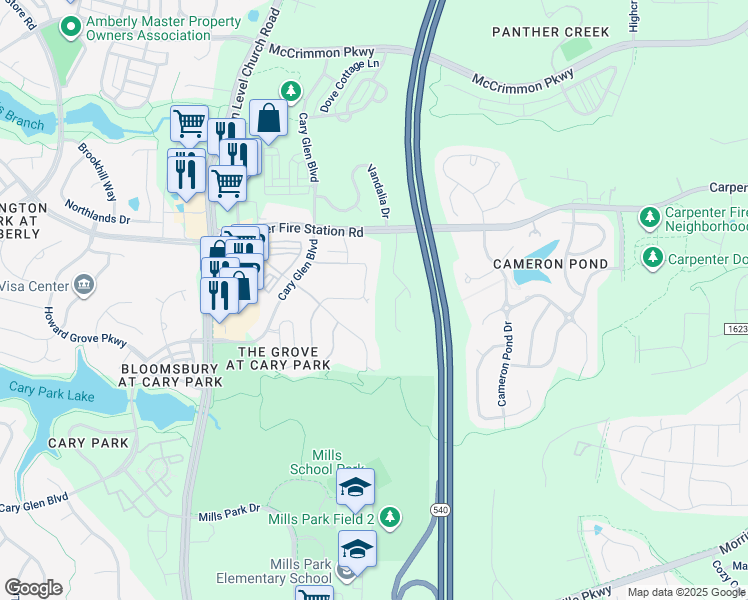 map of restaurants, bars, coffee shops, grocery stores, and more near 1602 Cary Reserve Drive in Cary