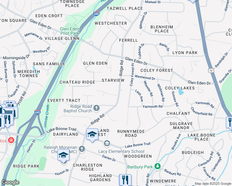 map of restaurants, bars, coffee shops, grocery stores, and more near 2119 Ridge Road in Raleigh