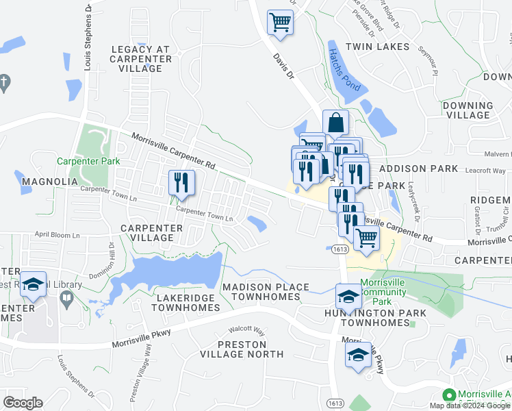 map of restaurants, bars, coffee shops, grocery stores, and more near 105 Magnolia Bloom Court in Cary
