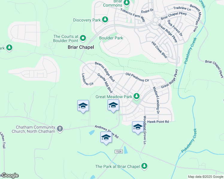 map of restaurants, bars, coffee shops, grocery stores, and more near 412 Granite Mill Boulevard in Chapel Hill