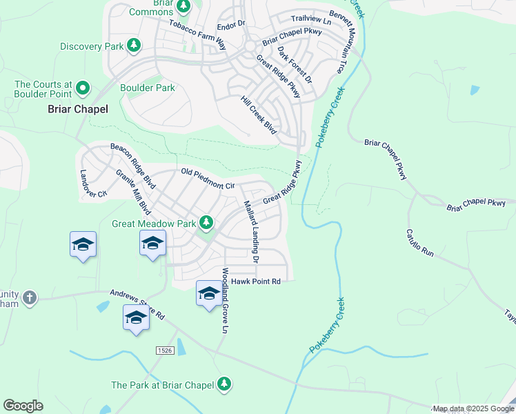 map of restaurants, bars, coffee shops, grocery stores, and more near 1983 Great Ridge Parkway in Chapel Hill