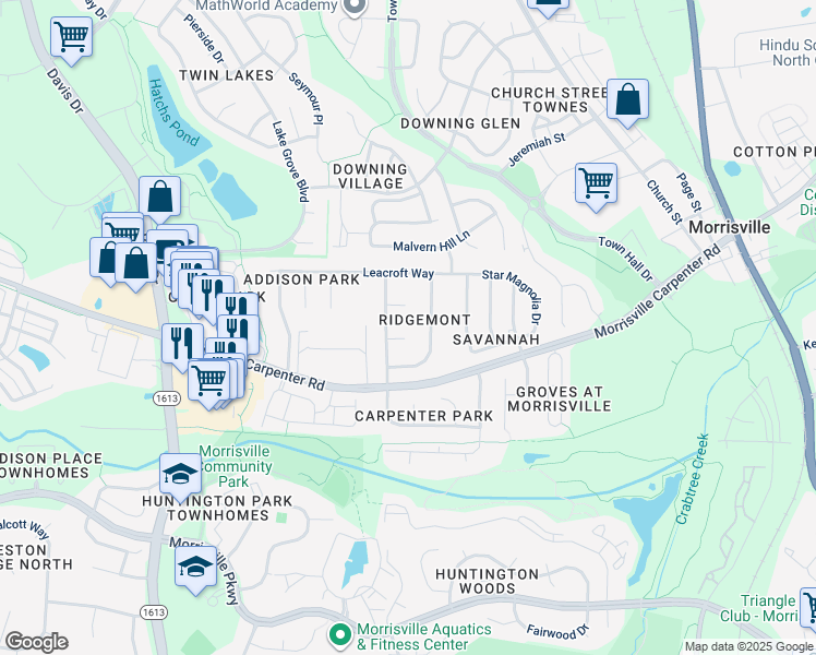 map of restaurants, bars, coffee shops, grocery stores, and more near 105 Hewitt Court in Morrisville