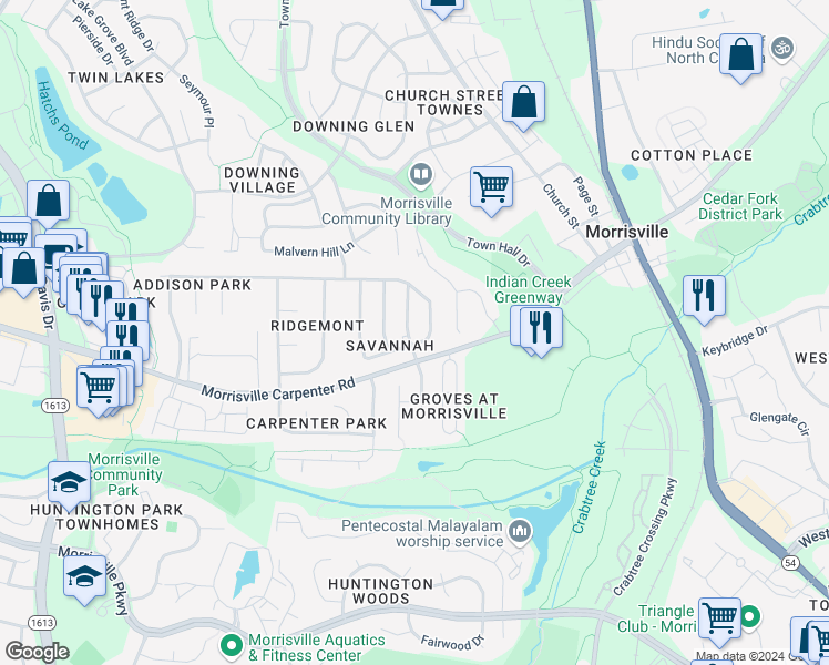 map of restaurants, bars, coffee shops, grocery stores, and more near 104 Old Savannah Drive in Morrisville