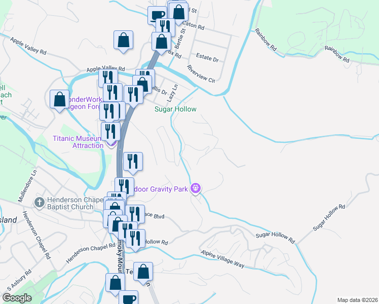 map of restaurants, bars, coffee shops, grocery stores, and more near 2136 Daisy Trail in Pigeon Forge