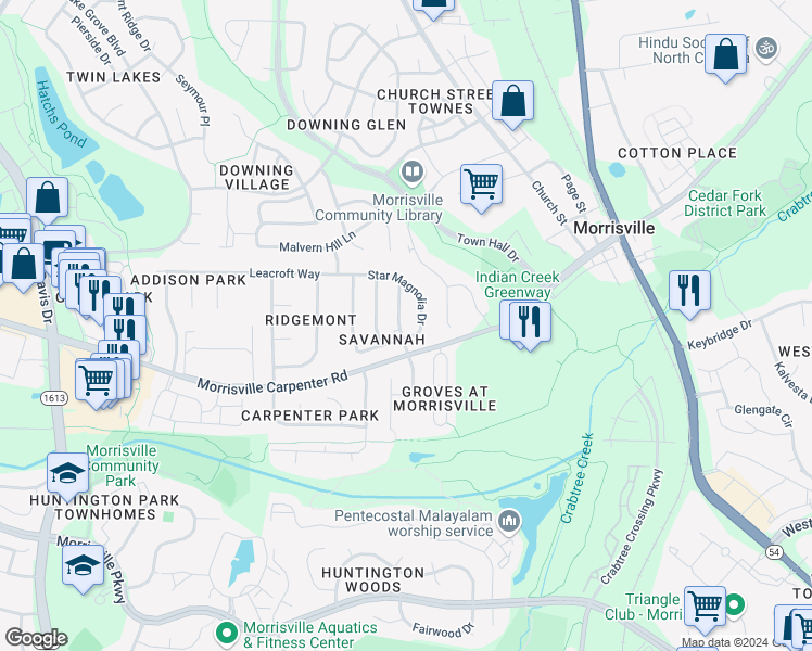 map of restaurants, bars, coffee shops, grocery stores, and more near 104 Old Savannah Drive in Morrisville