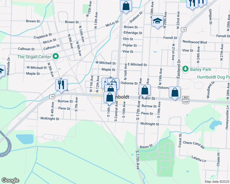 map of restaurants, bars, coffee shops, grocery stores, and more near 1401 E Main St in Humboldt