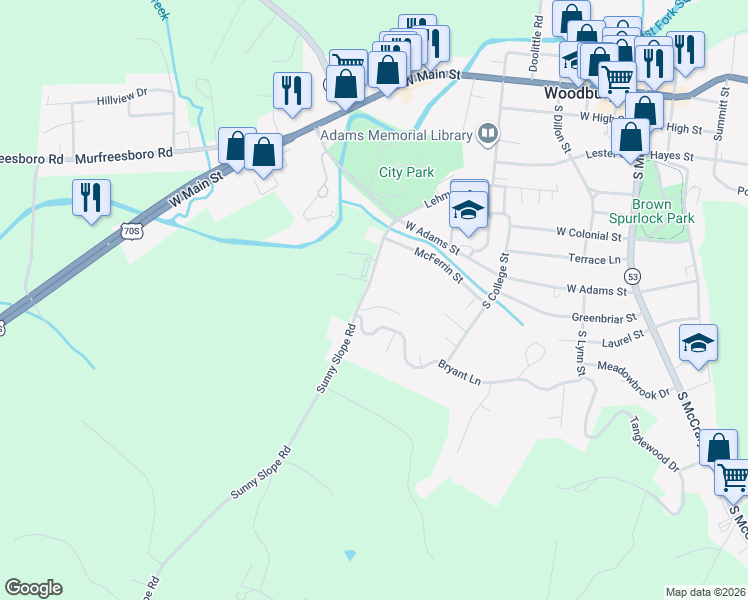 map of restaurants, bars, coffee shops, grocery stores, and more near 100 South Ridge Drive in Woodbury