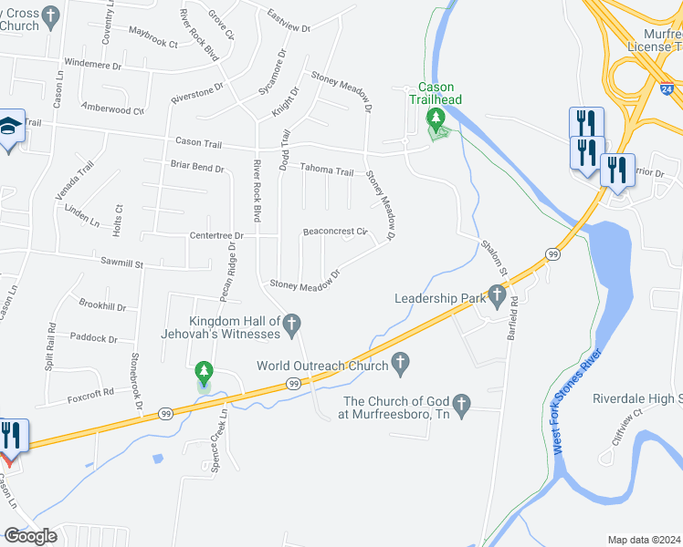 map of restaurants, bars, coffee shops, grocery stores, and more near 2083 Stoney Meadow Drive in Murfreesboro