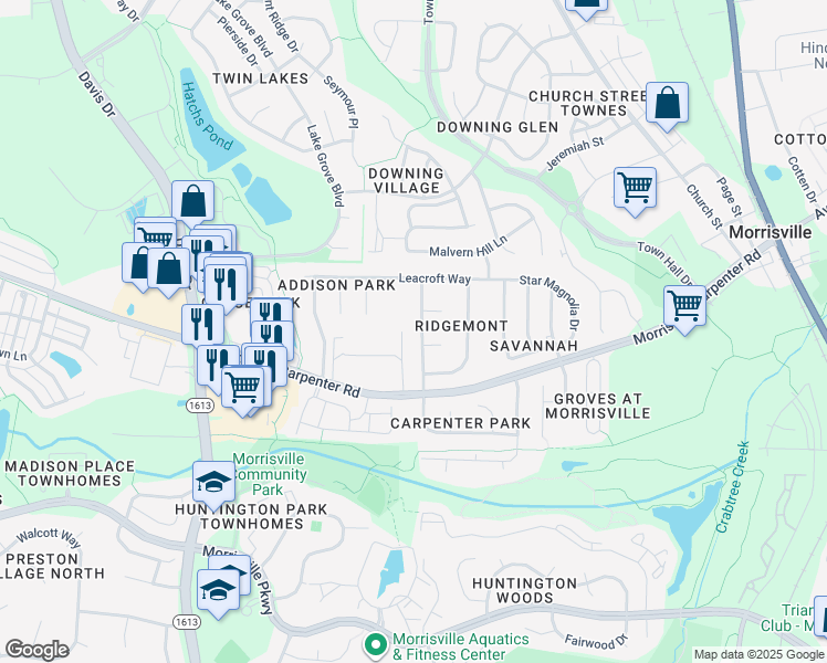 map of restaurants, bars, coffee shops, grocery stores, and more near 111 Gratiot Drive in Morrisville