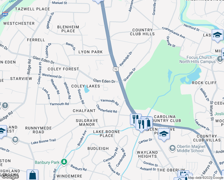 map of restaurants, bars, coffee shops, grocery stores, and more near 3312 Bellewood Forest Circle in Raleigh