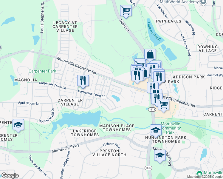 map of restaurants, bars, coffee shops, grocery stores, and more near 203 Carpenter Town Lane in Cary