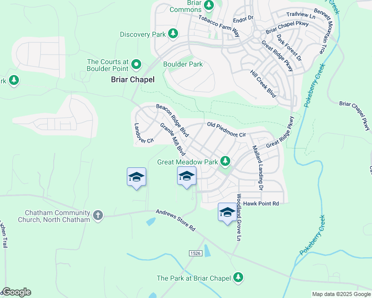 map of restaurants, bars, coffee shops, grocery stores, and more near 412 Granite Mill Boulevard in Chapel Hill