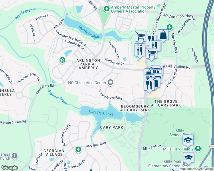 map of restaurants, bars, coffee shops, grocery stores, and more near 411 Selwood Place in Cary