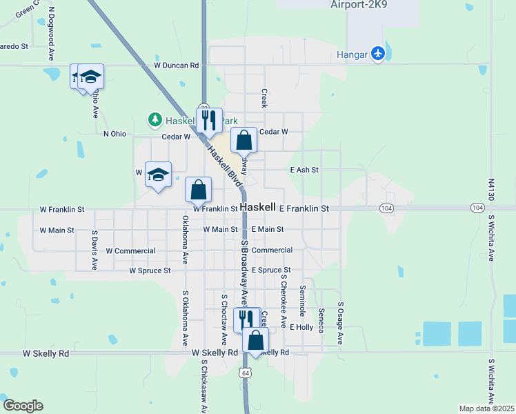 map of restaurants, bars, coffee shops, grocery stores, and more near in Haskell