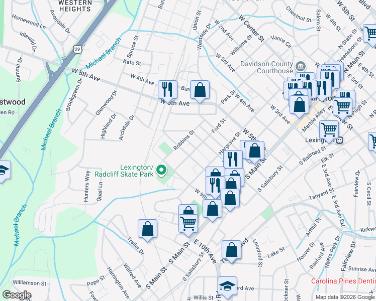 map of restaurants, bars, coffee shops, grocery stores, and more near 309 West 8th Avenue in Lexington
