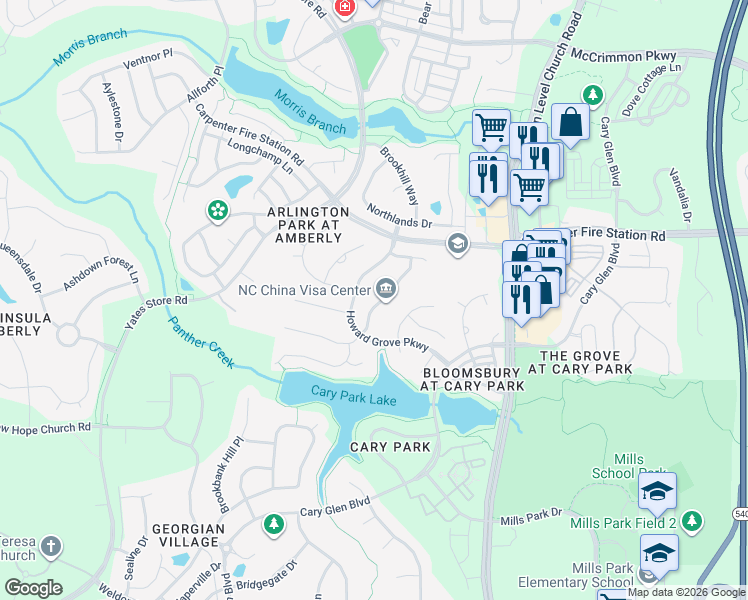 map of restaurants, bars, coffee shops, grocery stores, and more near 411 Selwood Place in Cary