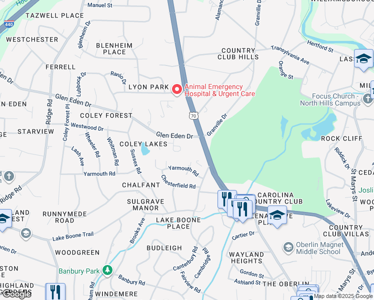 map of restaurants, bars, coffee shops, grocery stores, and more near 3312 Bellewood Forest Circle in Raleigh
