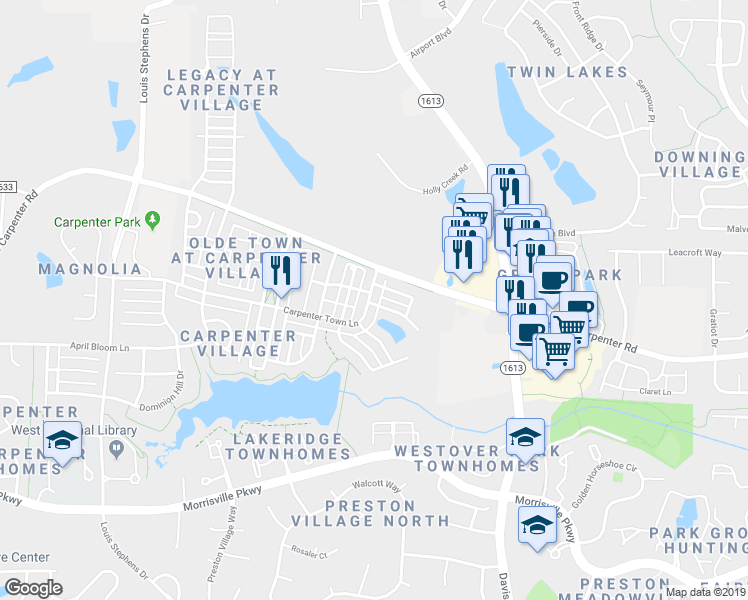 map of restaurants, bars, coffee shops, grocery stores, and more near 203 Carpenter Town Lane in Cary