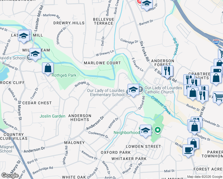 map of restaurants, bars, coffee shops, grocery stores, and more near 2832 Claremont Road in Raleigh