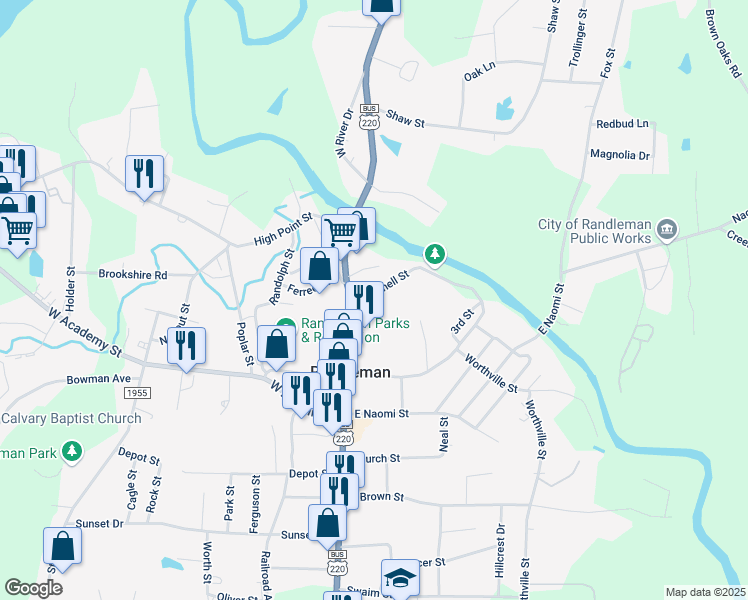 map of restaurants, bars, coffee shops, grocery stores, and more near 228N North Main Street in Randleman