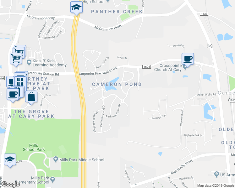 map of restaurants, bars, coffee shops, grocery stores, and more near 208 Beacon Falls Court in Cary