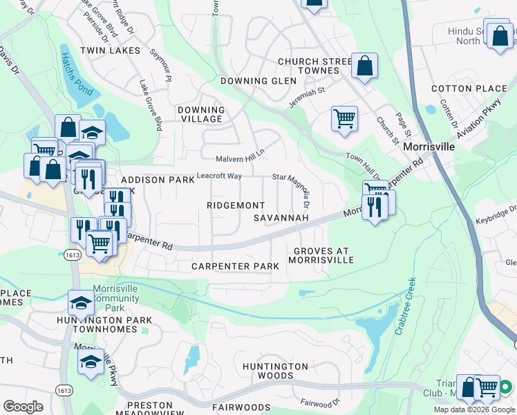 map of restaurants, bars, coffee shops, grocery stores, and more near 114 Fort Jackson Road in Morrisville