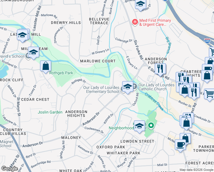 map of restaurants, bars, coffee shops, grocery stores, and more near 2832 Claremont Road in Raleigh