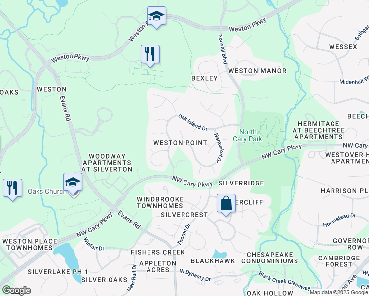 map of restaurants, bars, coffee shops, grocery stores, and more near 304 Nantucket Drive in Cary
