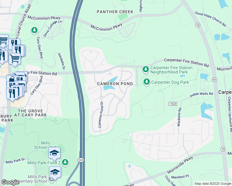 map of restaurants, bars, coffee shops, grocery stores, and more near 208 Beacon Falls Court in Cary