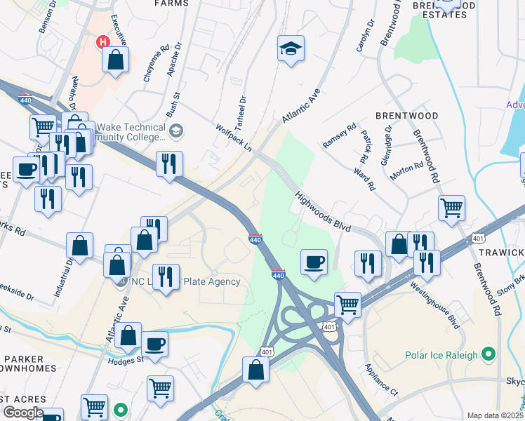 map of restaurants, bars, coffee shops, grocery stores, and more near 3200 Beechleaf Court in Raleigh