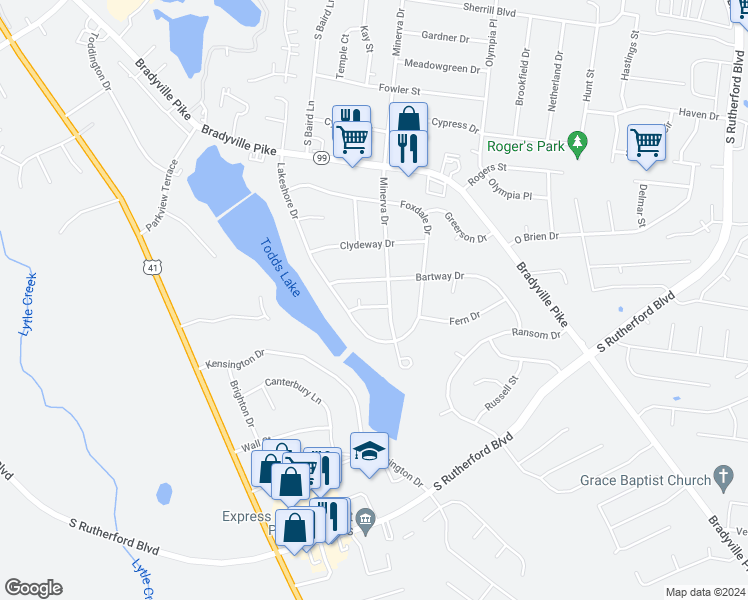 map of restaurants, bars, coffee shops, grocery stores, and more near 1619 Gordon Terrace in Murfreesboro