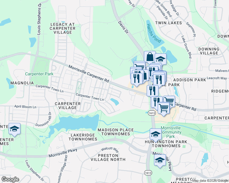 map of restaurants, bars, coffee shops, grocery stores, and more near 102 Magnolia Bloom Court in Cary