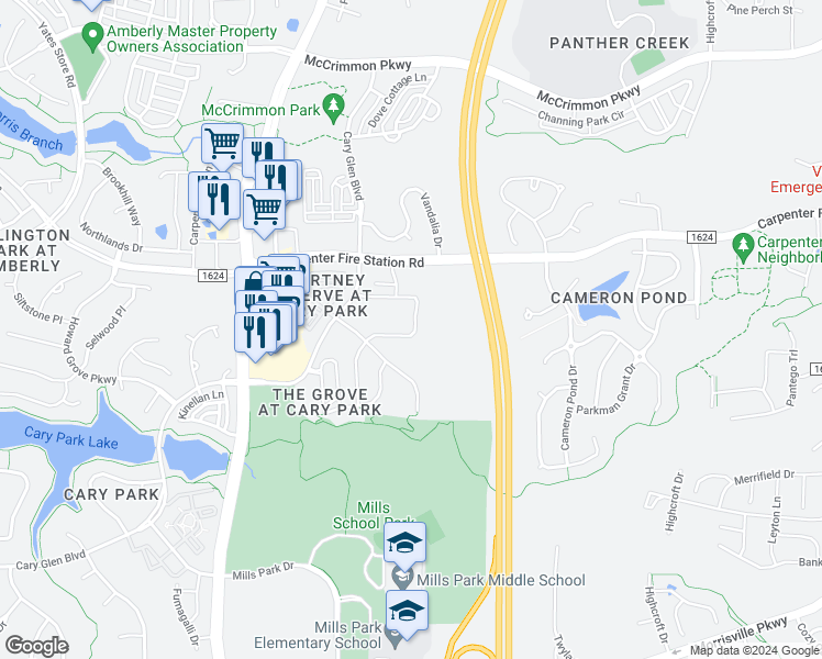 map of restaurants, bars, coffee shops, grocery stores, and more near 1602 Cary Reserve Drive in Cary