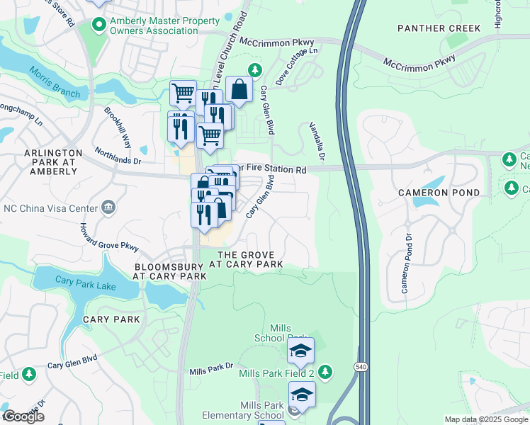 map of restaurants, bars, coffee shops, grocery stores, and more near Cary Reserve Drive in Cary