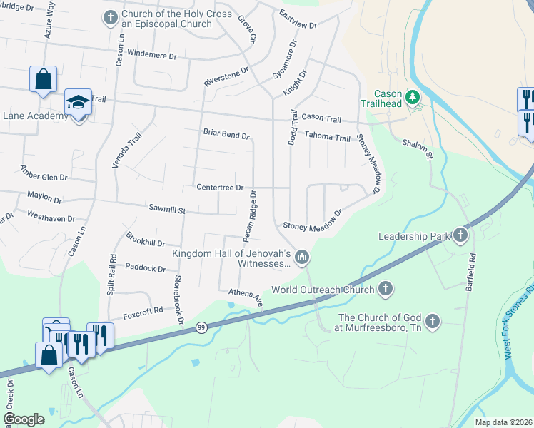 map of restaurants, bars, coffee shops, grocery stores, and more near 1526 River Rock Boulevard in Murfreesboro
