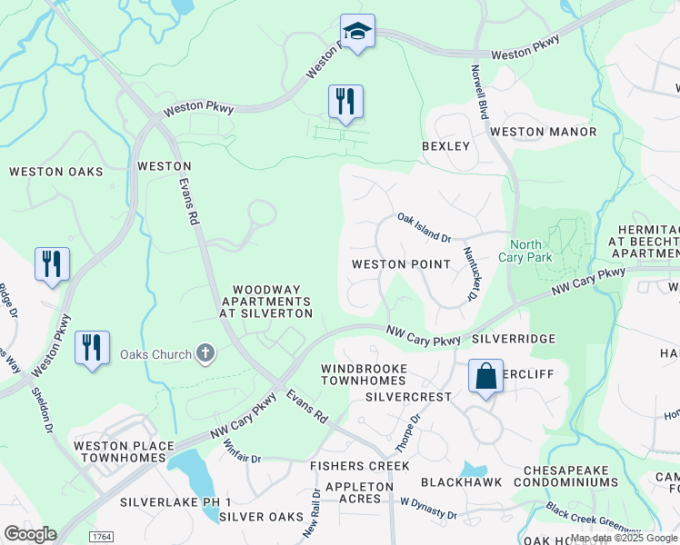map of restaurants, bars, coffee shops, grocery stores, and more near 105 Westbank Court in Cary