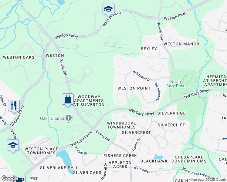 map of restaurants, bars, coffee shops, grocery stores, and more near 105 Westbank Court in Cary
