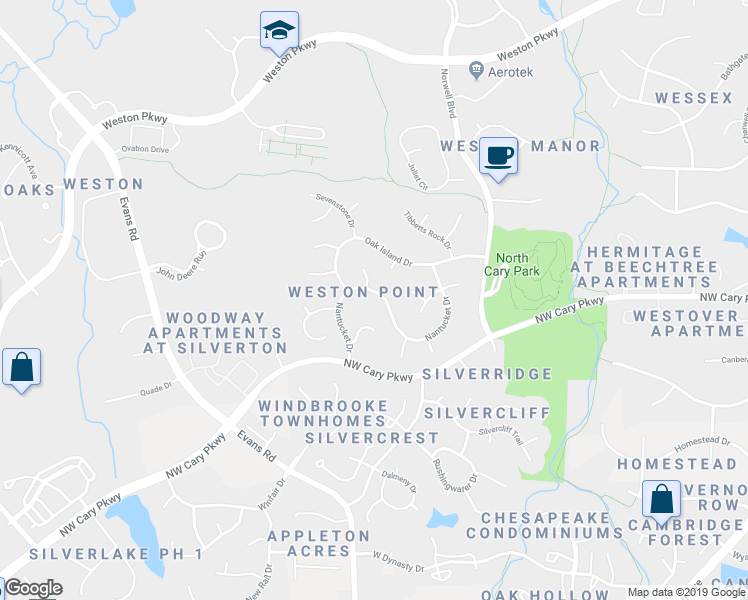 map of restaurants, bars, coffee shops, grocery stores, and more near 304 Nantucket Drive in Cary