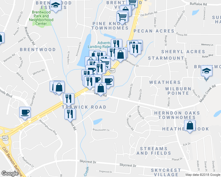 map of restaurants, bars, coffee shops, grocery stores, and more near 2901 Trawick Road in Raleigh