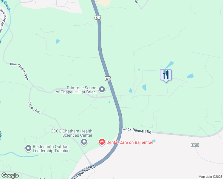 map of restaurants, bars, coffee shops, grocery stores, and more near Chapel Hill Road in Pittsboro