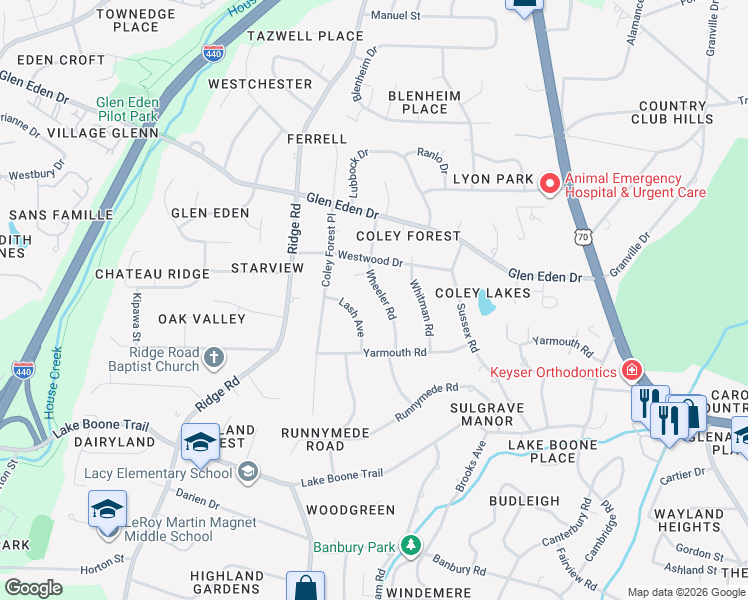 map of restaurants, bars, coffee shops, grocery stores, and more near 2215 Wheeler Road in Raleigh